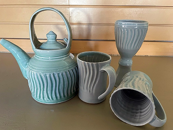 Jim Etzkorn - blue tea pot grey cups - ceramics