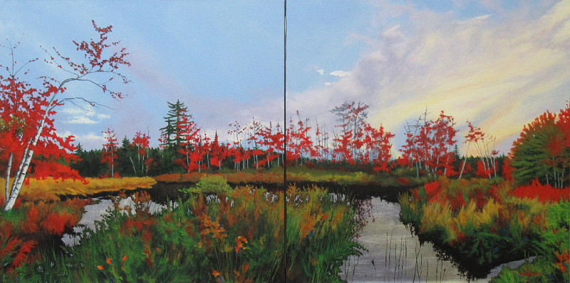 Martha Henry - Red Birch in the Sunset - 30x60in silver foil