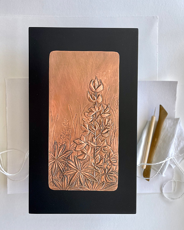 Erin Stelmaschuk Biegel - Wild Lupine Under Foot - 12x7in copper, oil, pastel, and resin
