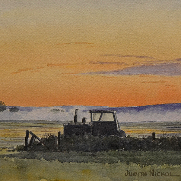 Judith Nickol - Morning Mist and Tractor - 8 x 8in watercolour