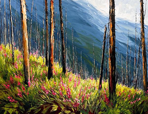 Brenda Banda Johnson - burned trees with flowers - acrylic