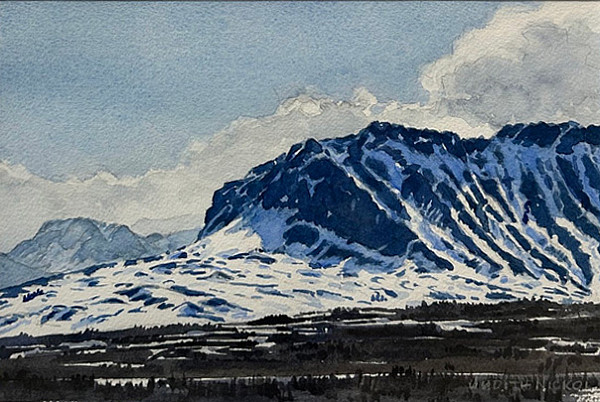 Judith Nickol - snowy mountain range - in watercolour