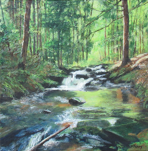 Martha Henry - Sunlit Waterfall - 12 x 12in